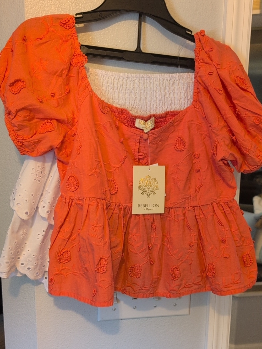Rebellion Coral-Orange Puff Sleeve Peplum Blouse With White Jolie And Joy Skirt